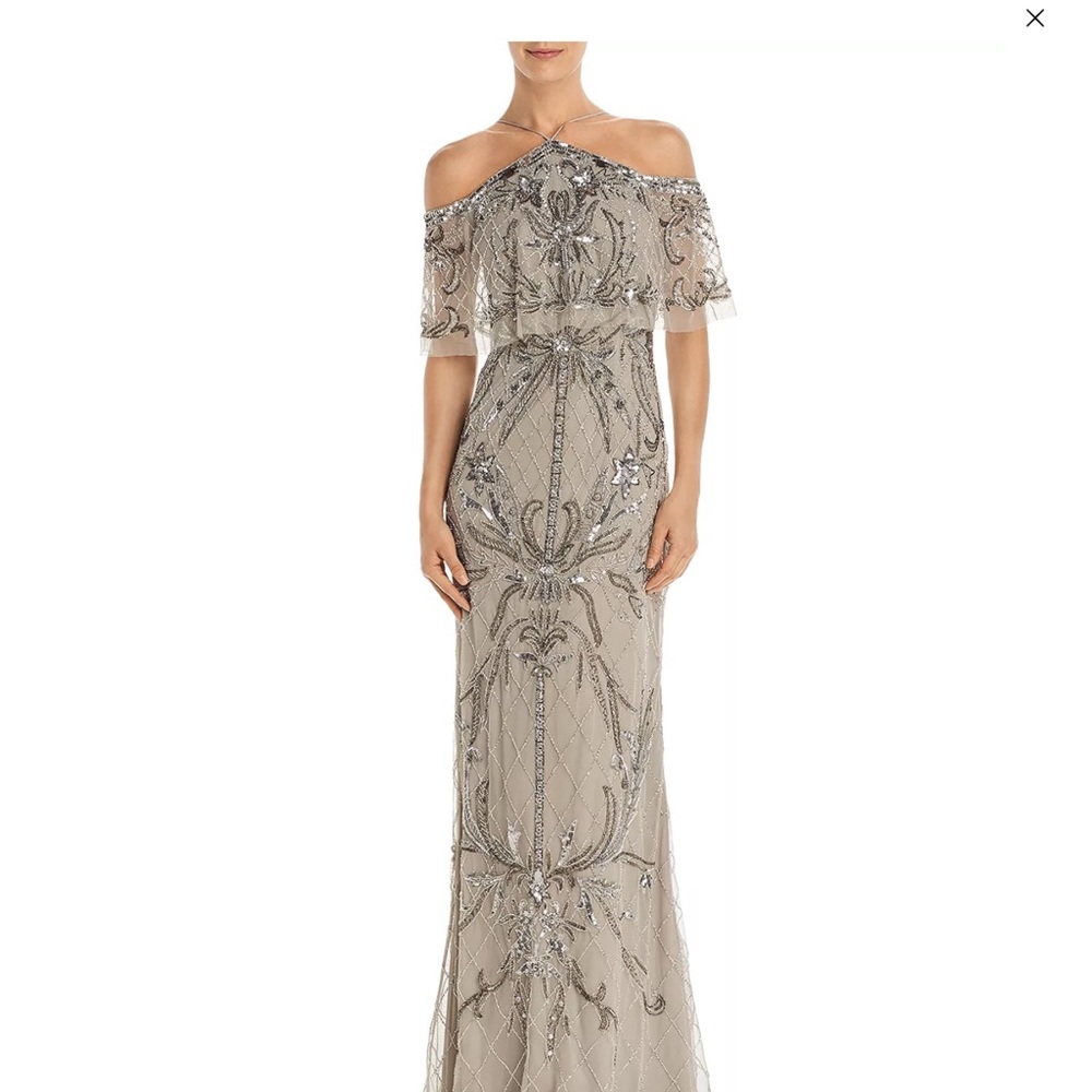 Aidan Mattox Silver Beaded Off-Shoulder Maxi Dress